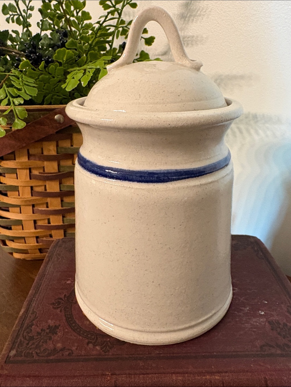 Hand thrown pottery canister with lid and beautiful blue stripe.